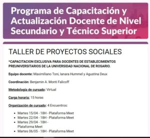 Lee más sobre el artículo Reprogramación de la capacitación “Taller de Proyectos Sociales”
